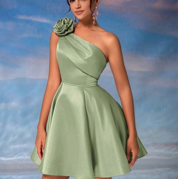 Elegant Luxurious Floral One-Shoulder Ruffle Mini Prom Dress, Party Dress - Picture 4 of 4